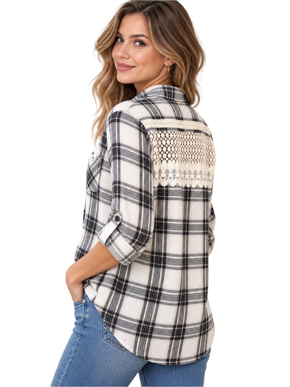 C&S Plaid Lace Back Button Up Shirt Women’s M Roll Tab Sleeve
